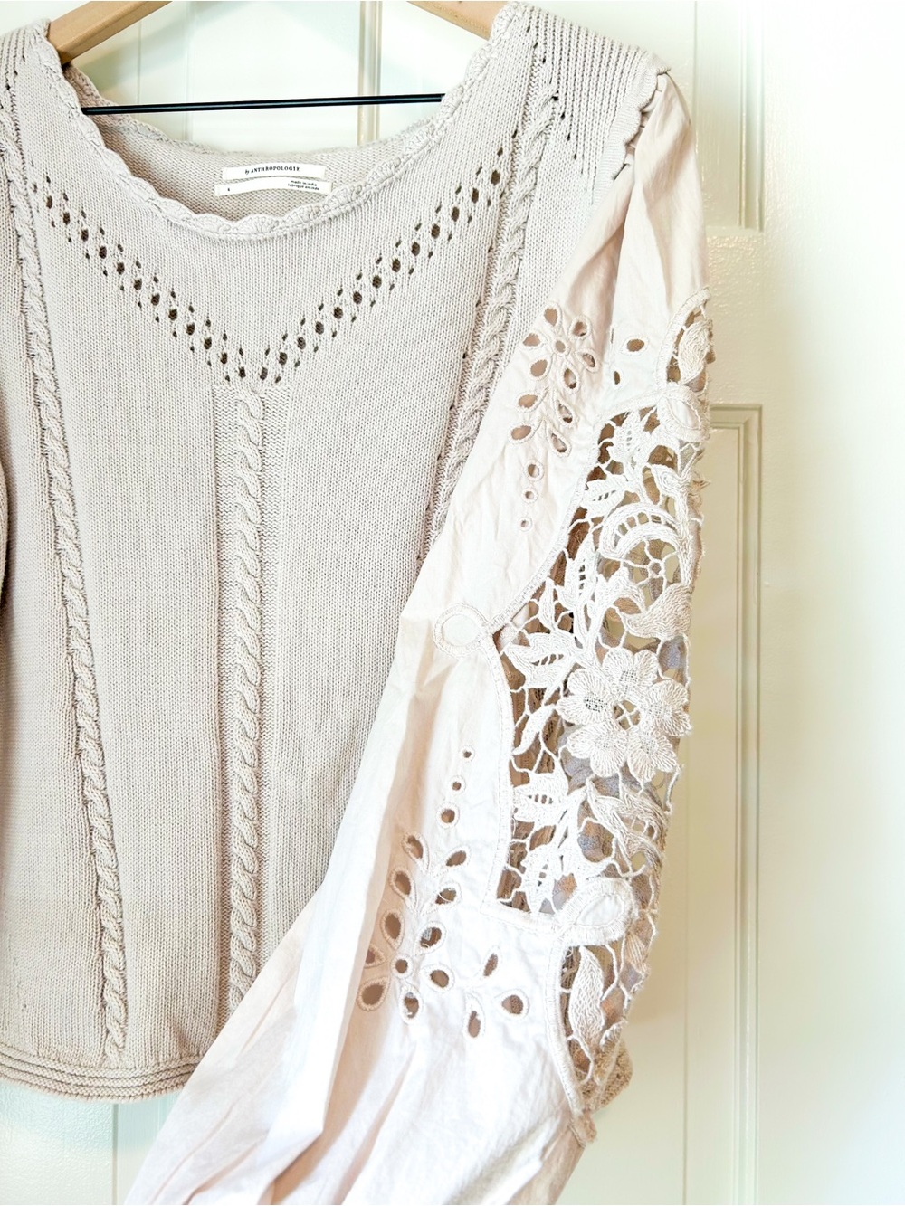 By Anthropologie Cutwork Puff-Sleeve Cotton Sweater - Large - Picture 5 of 9